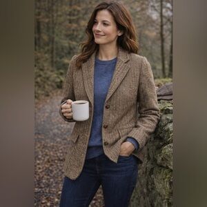 Vintage Harris Tweed Wool Blazer Chaus Brown Herringbone Scotland Size 7/8 Small